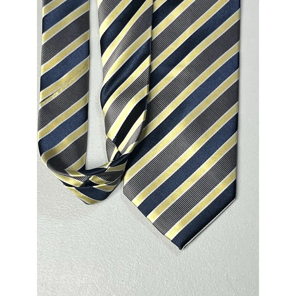 Bergamo New York Tie Yellow Blue Striped Mens Handmade Necktie 3 1/4